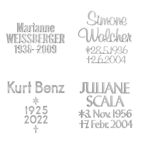 Edelstahl : Kleiner Urnengrabstein / Granit mit Weihwasserkessel & Bronze Inschrift Memento Gloria (Schriftbeispiel 7 von 7)