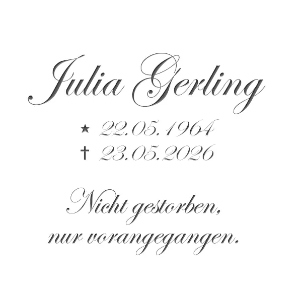 Edwardian : Urnengrab Liegeplatte halbrund mit Edelstahl Schrifplatte Memento Orbis (Schriftbeispiel 1 von 7)