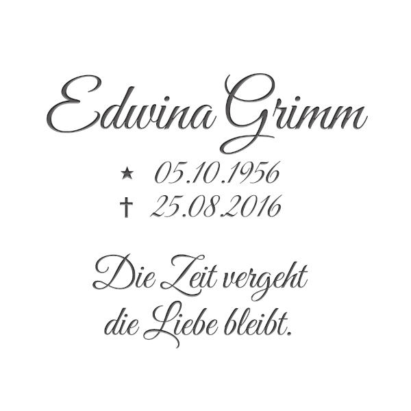 Great Vibes : Kleiner Urnengrabstein / Granit mit Weihwasserkessel & Bronze Inschrift Memento Gloria (Schriftbeispiel 2 von 7)
