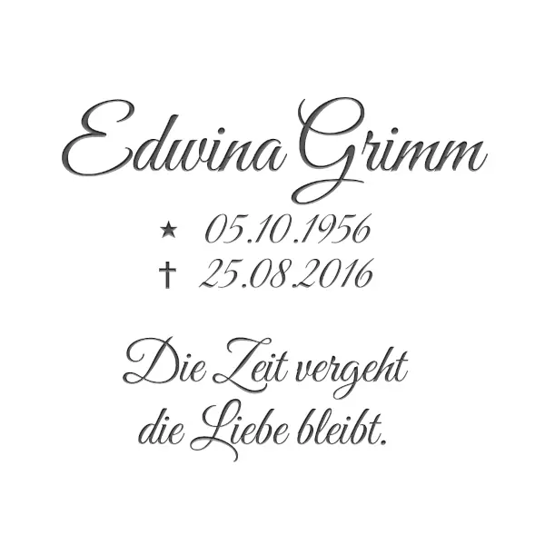 Great Vibes : Urnengrab Liegeplatte halbrund mit Edelstahl Schrifplatte Memento Orbis (Schriftbeispiel 2 von 7)