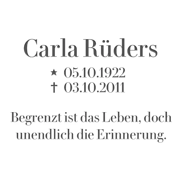 Le Jeune : Urnengrab Liegeplatte halbrund mit Edelstahl Schrifplatte Memento Orbis (Schriftbeispiel 3 von 7)