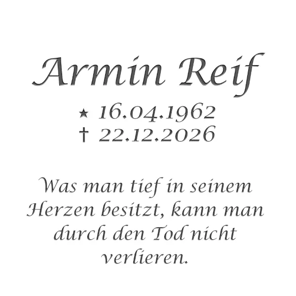 Lucida : Urnengrab Liegeplatte halbrund mit Edelstahl Schrifplatte Memento Orbis (Schriftbeispiel 4 von 7)