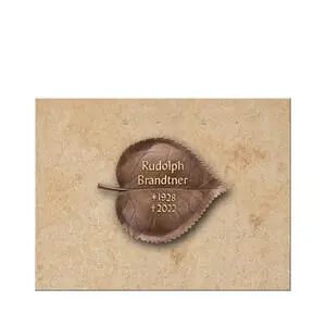 Albero Ombra Beige Kalkstein Liegeplatte mit Lindenblatt aus Bronze & Schrift