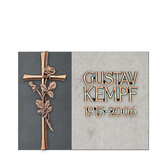 Ravenna – Besondere Liegeplatte in hell / dunkel mit Bronze Kreuz Ornament und Inschrift