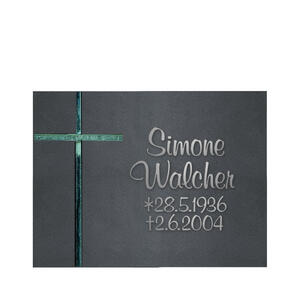 Amadei Cruzis Design Grabplatte mit Glas Kreuz & Grabsteinschrift in Edelstahl