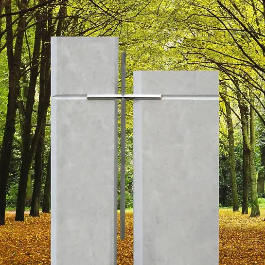 Lavardin – Doppelgrabmal Kalkstein Hell Modern Edelstahl Kreuz