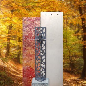 Rosso Credo Doppelgrabstein Kalkstein Rot / Weiß mit Bronze Kreuz Ornament