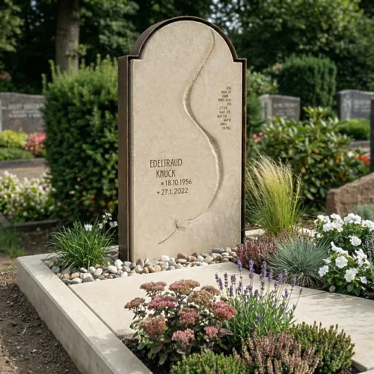 Doppelgrabstein mit Lebenslinie und Rahmen aus Cortenstahl - Pisano Corte (Detailansicht) 