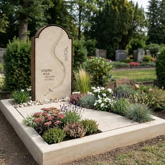 Doppelgrabstein mit Lebenslinie und Rahmen aus Cortenstahl - Pisano Corte (Detailansicht) 