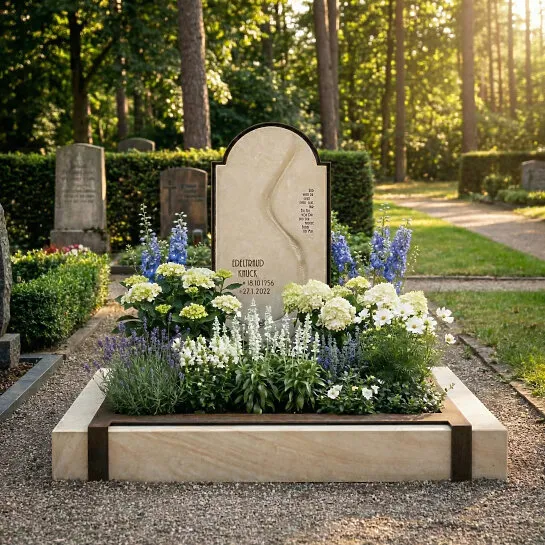 Doppelgrabstein mit Lebenslinie und Rahmen aus Cortenstahl - Pisano Corte (Detailansicht) 