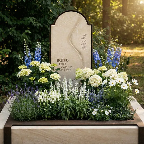 Doppelgrabstein mit Lebenslinie und Rahmen aus Cortenstahl - Pisano Corte (Detailansicht) 