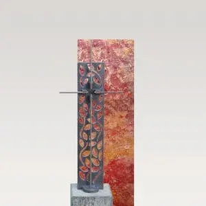 Rosso Singolo Doppelgrabstein Roter Travertin mit Bronze Kreuz Ornament