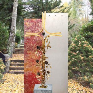 Rosso Prece Doppelgrabstein Zweifarbig Rot / Weiß mit Bronze Grabkreuz