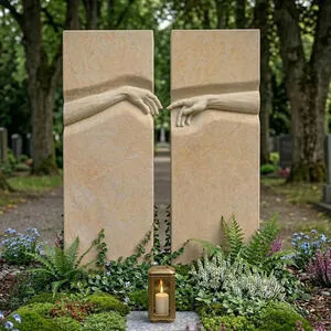 Michelangelo Doppio Doppelgrabstein zweigeteilt mit Michelangelo Händen in Kalkstein