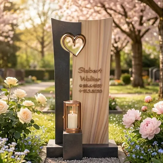 Einzelgrab Design mit Grabstein zweigeteilt Herzornament & Laterne aus Bronze - Centia (Detailansicht) 