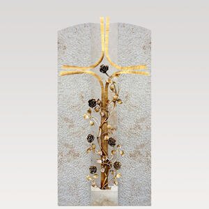 Crociato Rosa Einzelgrabstein mit Bronze Grabkreuz Rosenranke Modern