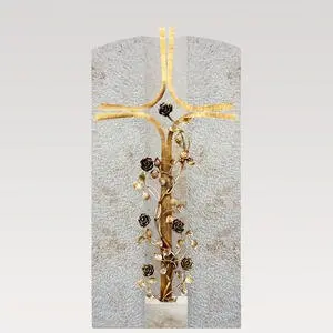 Crociato Rosa Einzelgrabstein mit Bronze Grabkreuz Rosenranke Modern