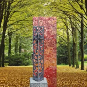 Rosso Singolo Einzelgrabstein Roter Travertin mit Bronze Kreuz Ornament