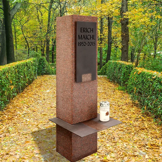 Sensum – Einzelgrabstein - Stele in Rotem Granit Ruby Red mit Bronzetafel