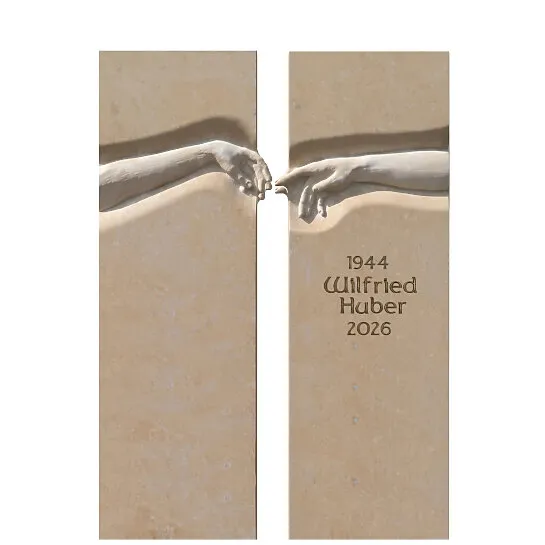 Kontrast (Bronze) : Einzelgrabstein zweigeteilt mit Michelangelo Händen in Kalkstein Michelangelo Doppio (Schriftbeispiel 4 von 7)