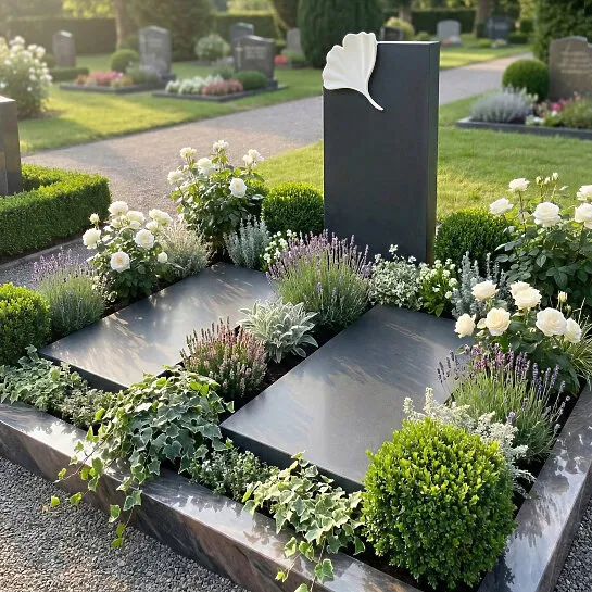 Gingkoblatt Doppelgrabstein in hell-dunkel Granit & Marmor - Gingko Vivare (Detailansicht) 