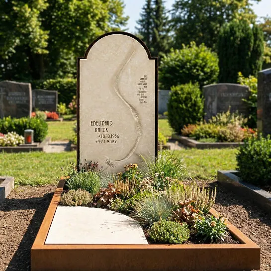 Grabstein mit Lebenslinie und Rahmen aus Cortenstahl - Pisano Corte (Detailansicht) 