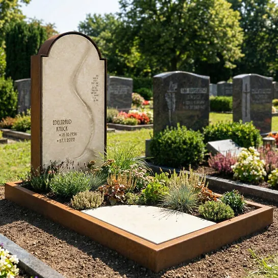 Grabstein mit Lebenslinie und Rahmen aus Cortenstahl - Pisano Corte (Detailansicht) 