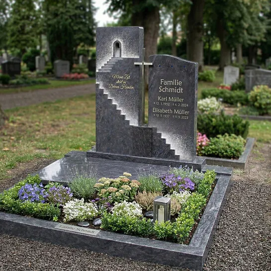 Grabstein mit Treppe & Edelstahl Kreuz für ein Einzelgrab - Porto (Detailansicht) 
