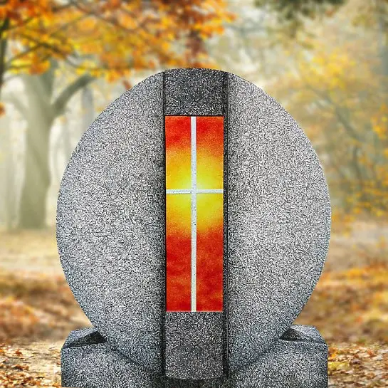 Aversa Vetro – Granit Doppelgrab Grabdenkmal mit Glas Symbol Kreuz Gelb/rot