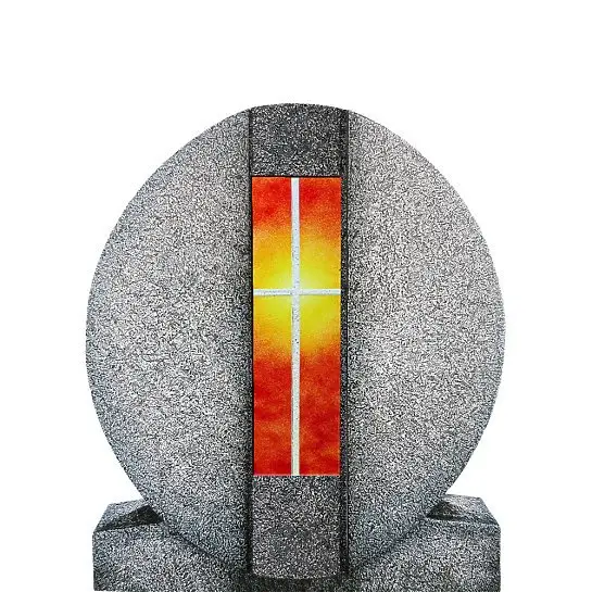 Aversa Vetro – Granit Einzelgrab Grabdenkmal mit Glas Symbol Kreuz Gelb/rot
