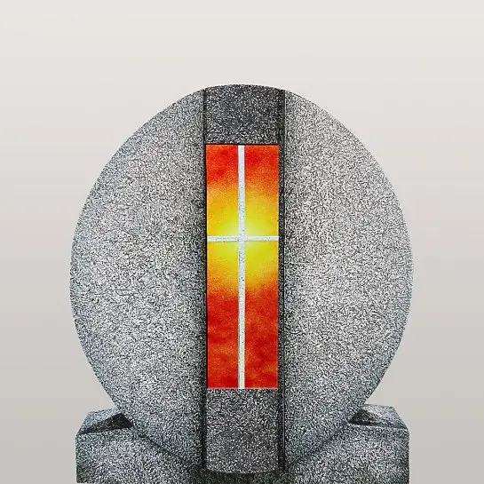Aversa Vetro – Granit Urnengrab Grabdenkmal mit Glas Symbol Kreuz Gelb/rot