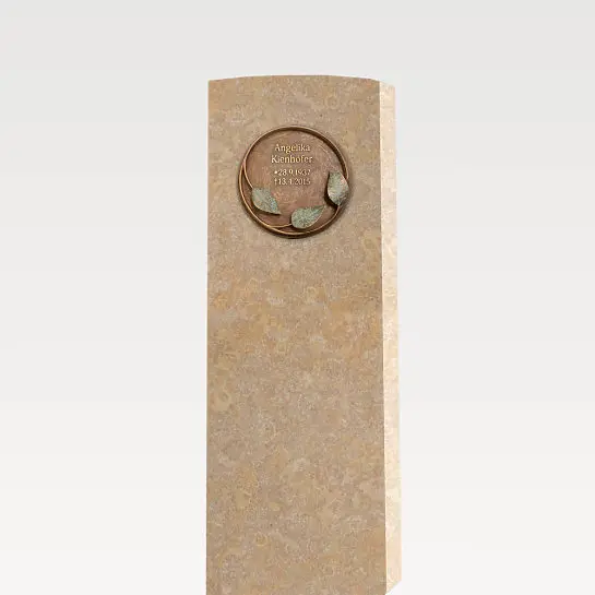 Lapis Folium – Heller Kalkstein Grabstein mit Bronze Ornament / Floral - Doppelgrab