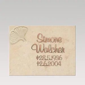 Gingkoblatt Heller Kalkstein Urnengrabstein liegend mit Gingko Blatt Relief