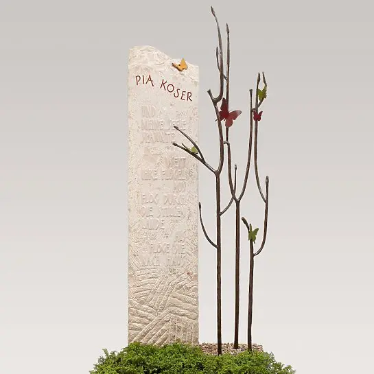 Bondeville Flora – Kalkstein Doppelgrabmal Bronze Baum mit Schmetterlingen