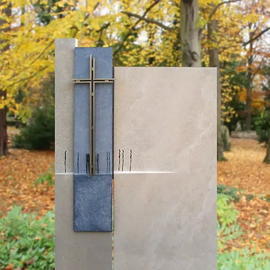 Allori – Kalkstein Doppelgrabstein mit Edelstahl Kreuz