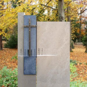 Allori Kalkstein Doppelgrabstein mit Edelstahl Kreuz