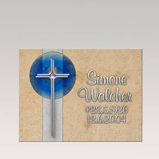 Chorus Cruzis – Kalkstein Gedenkplatte für Urnengrab mit Glas & Edelstahl Kreuz - Schrift aus Metall