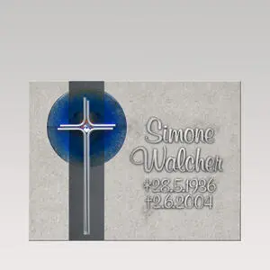 Chorus Cruzis Kalkstein Gedenktafel für Urnengrab mit Glas & Edelstahl Kreuz - Schrift aus Metall