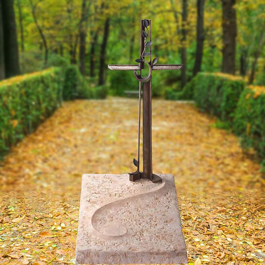 Edera – Kalkstein Urnengrab Platte mit Bronze Kreuz