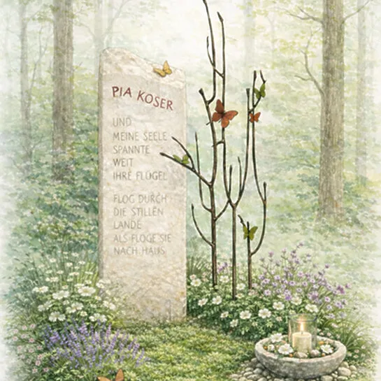 Kalkstein Urnengrabmal Bronze Baum mit Schmetterlingen - Bondeville Flora (Detailansicht) 