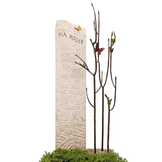 Bondeville Flora – Kalkstein Urnengrabmal Bronze Baum mit Schmetterlingen