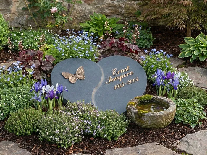 Grabplatte aus schwarzem Granit mit Ammonit in edlem Design