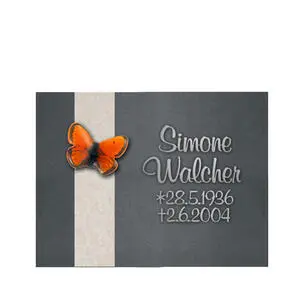 Grazia Liegestein Urnengrab in Granit mit Glas Schmetterling & Beschriftung in Edelstahl
