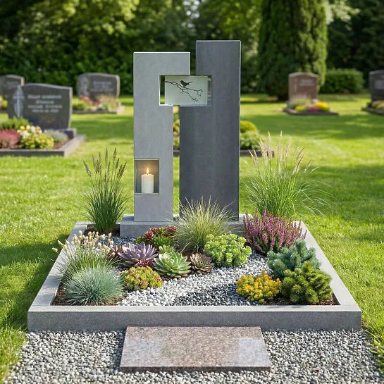 Moderner Doppelgrabstein mit Gablaterne & Edelstahl Ornament mit Vogel - Saverno (Detailansicht) 