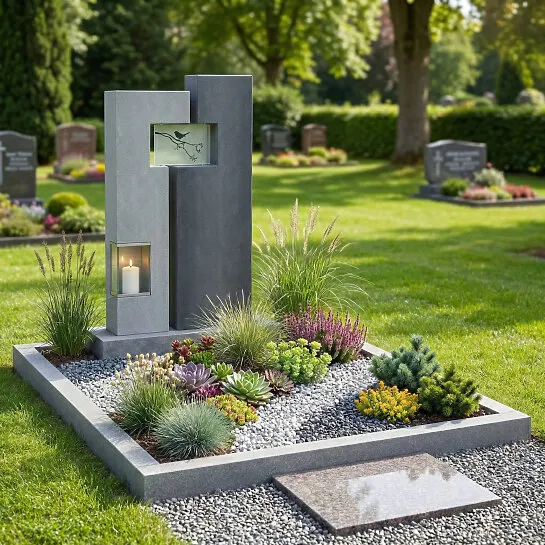 Moderner Doppelgrabstein mit Gablaterne & Edelstahl Ornament mit Vogel - Saverno (Detailansicht) 