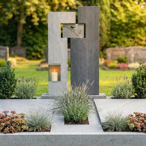 Saverno Moderner Doppelgrabstein mit Gablaterne & Edelstahl Ornament mit Vogel