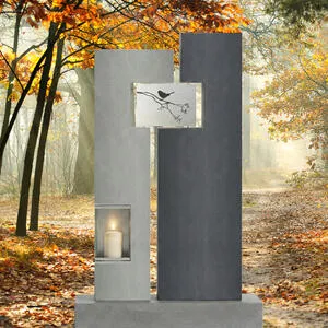 Saverno Moderner Grabstein mit Gablaterne & Edelstahl Ornament mit Vogel