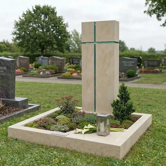 Modernes Gabmal mit Glas - religiös/christliche Symbolik in Kalkstein - Amadei Crucis (Detailansicht) 