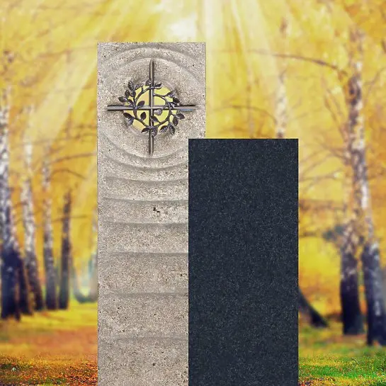 Sovello Spiritus – Muschelkalk Urnengrabstein Zweiteilig Hell/dunkel mit Bronze Kreuz