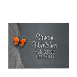 Grazia Relief Liegeplatte in schwarzem Granit & Schmetterling aus Bronze mit Schrift
